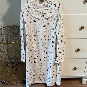 Petite Plume Girls White Long-Sleeve Pajama Dress with Festive Print